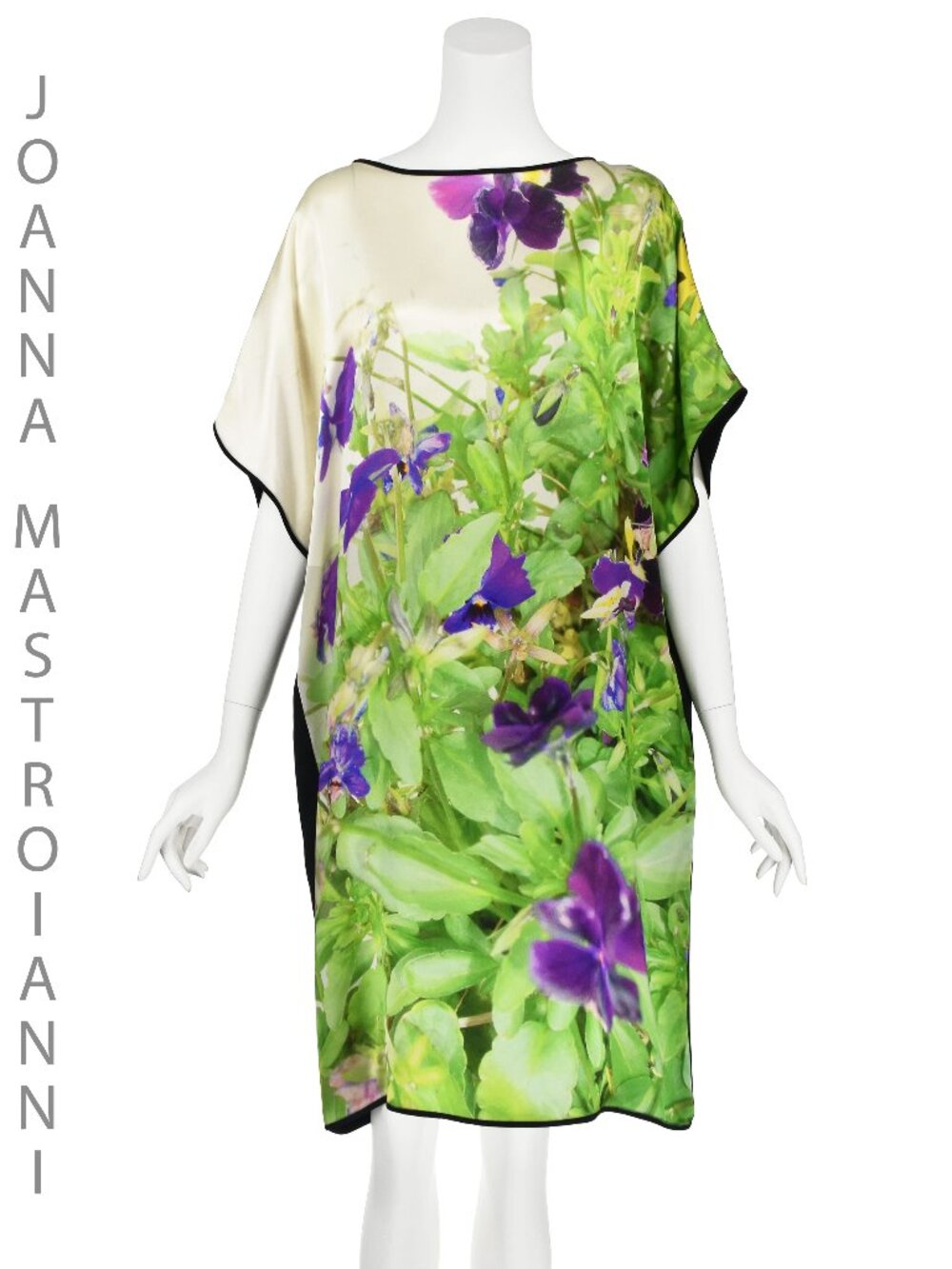 JOANNA MASTROIANNI c.2000s Oversized Silk Shift Dress with Purple Irises SZ 8-10